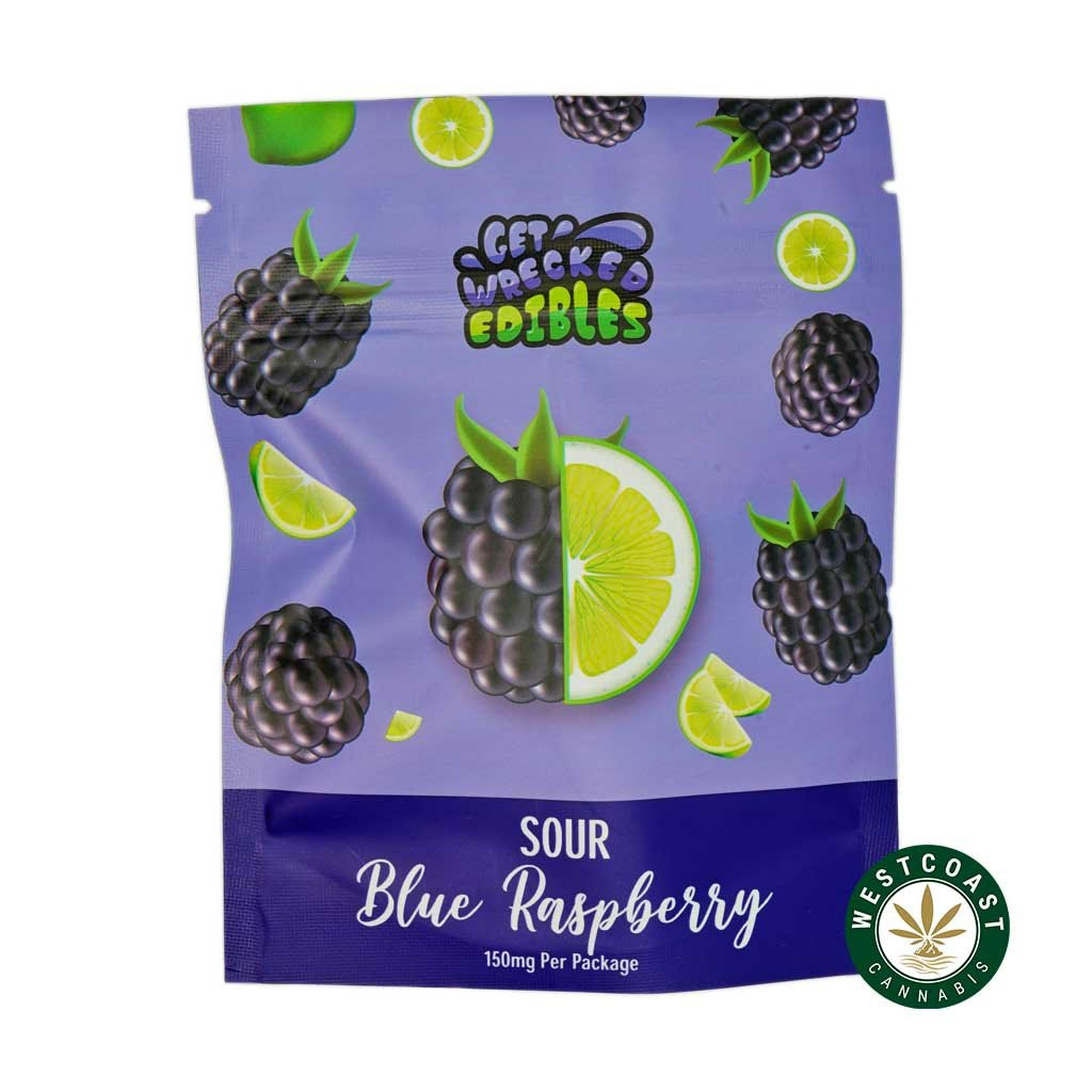 Get Wrecked Edibles – Sour Blue Raspberry 300mg THC - Image 1