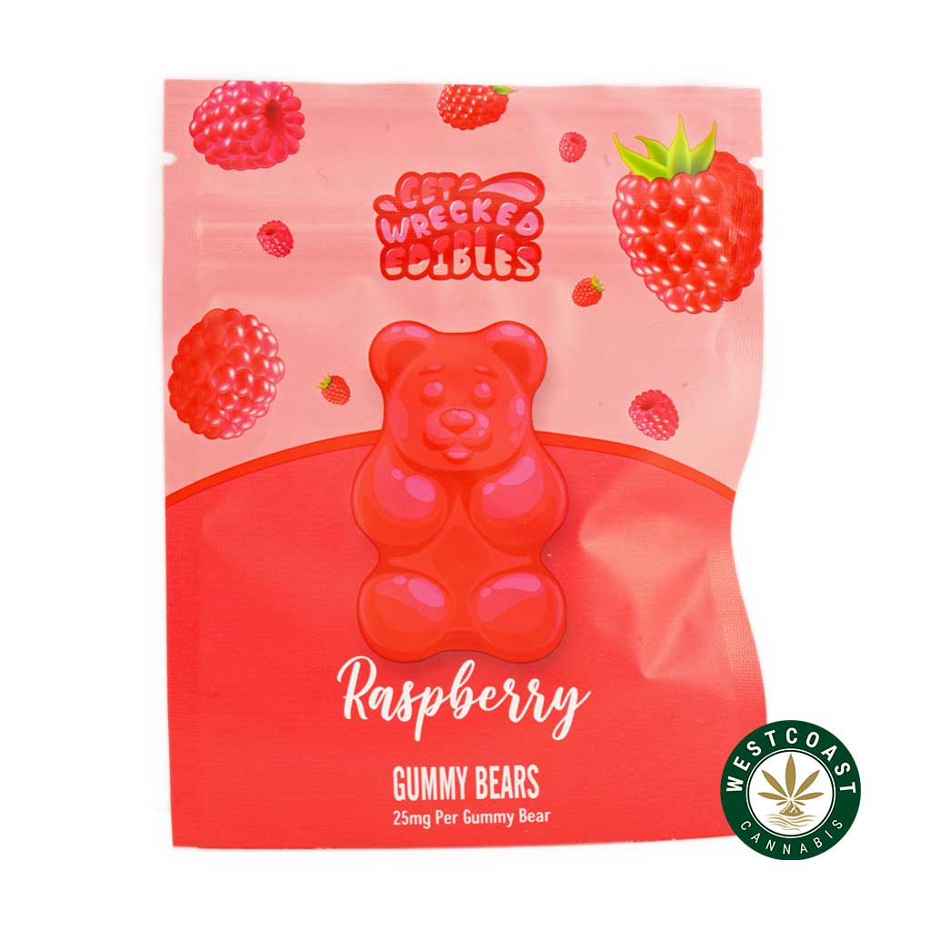 Get Wrecked Edibles – Raspberry Gummy Bears 300mg THC - Image 1