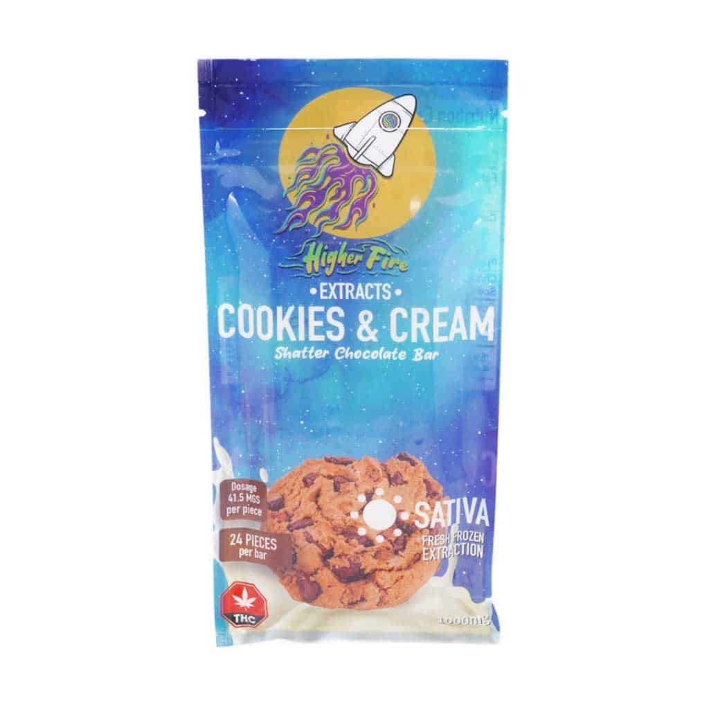 Higher Fire Extracts – Shatter Chocolate Bar – Cookies and Cream 1000mg THC (Sativa) - Image 1