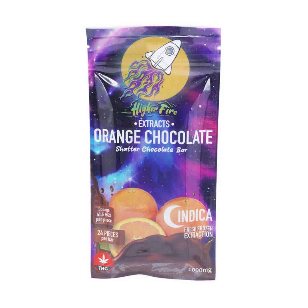 Higher Fire Extracts – Shatter Chocolate Bar – Orange 1000mg THC (Indica) - Image 1