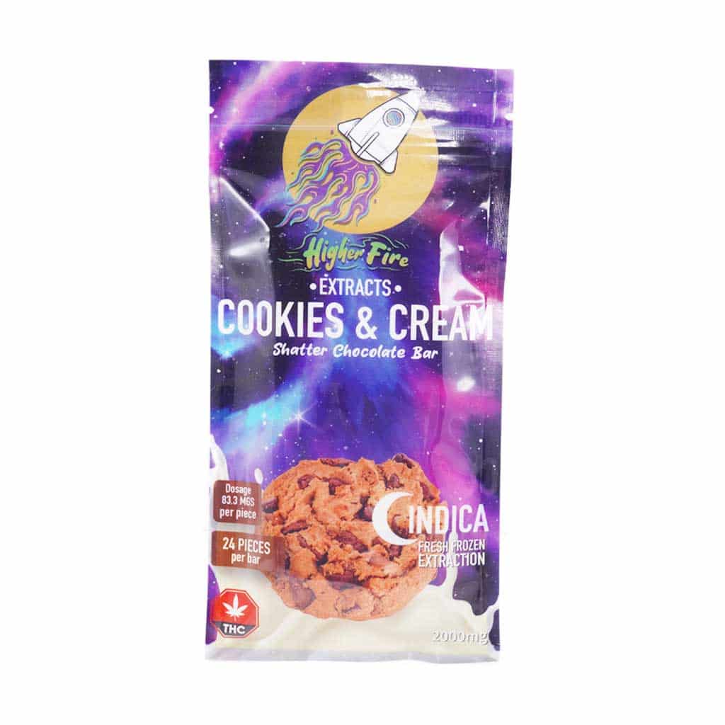 Higher Fire Extracts – Shatter Chocolate Bar – Cookies & Cream 2000mg THC (Indica) - Image 1