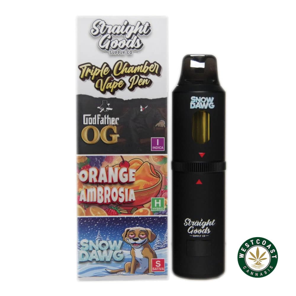 Straight Goods – Triple Chamber Vape – Godfather OG + Orange Ambrosia + Snow Dawg (3 Grams + 3 Grams + 3 Gram) - Image 1