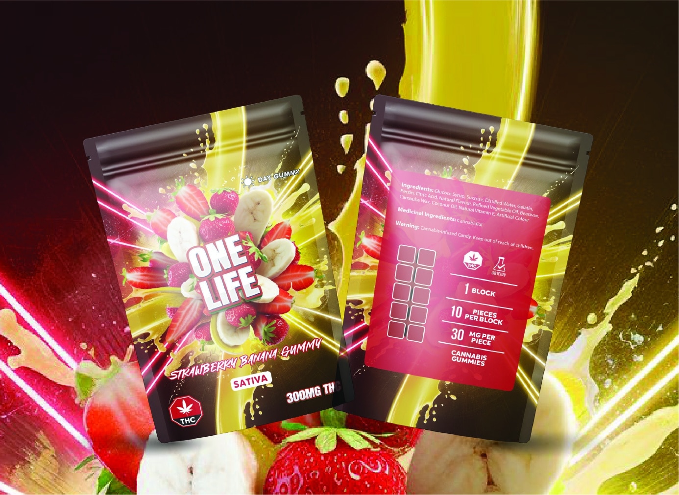 One Life Edibles – Strawberry Banana Gummy – 300mg THC (Sativa) - Image 1