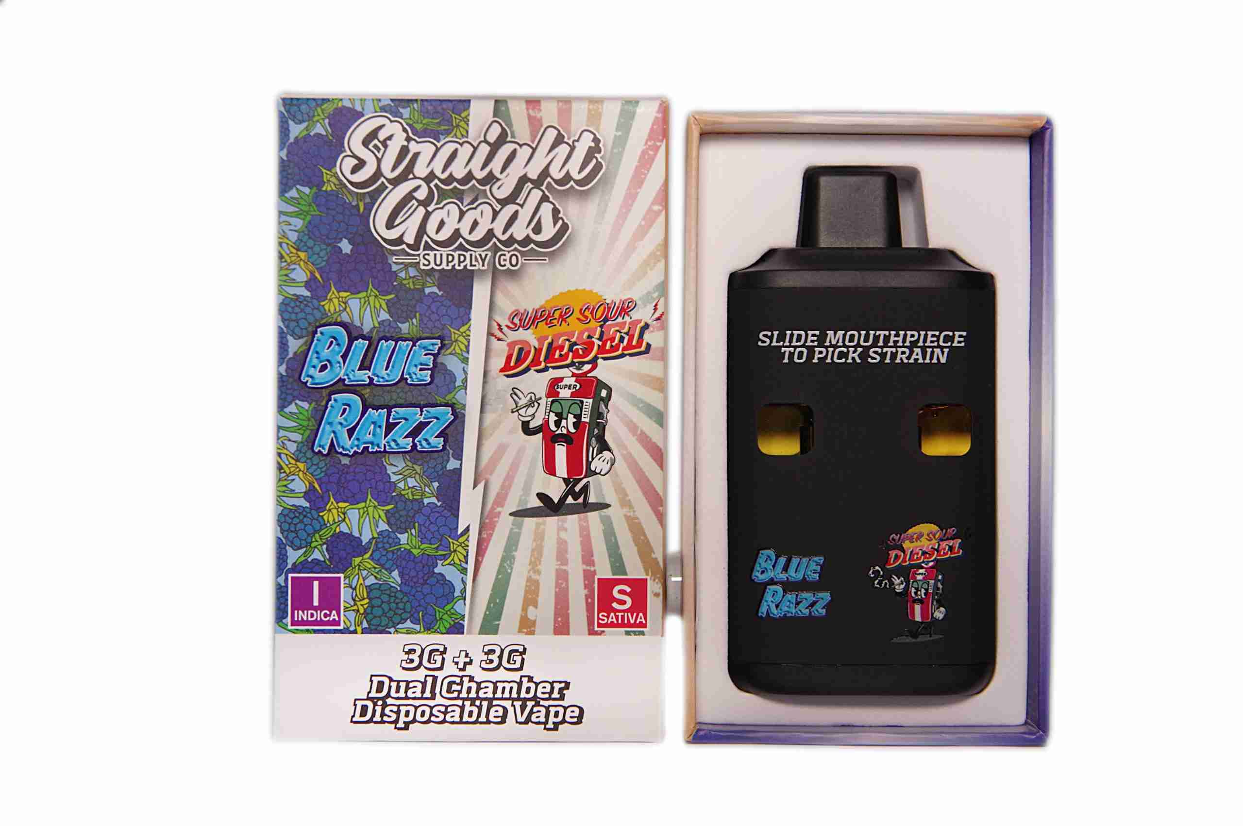 Straight Goods – Dual Chamber Vape – Blue Razz + Super Sour Diesel (3 Grams + 3 Grams) - Image 1