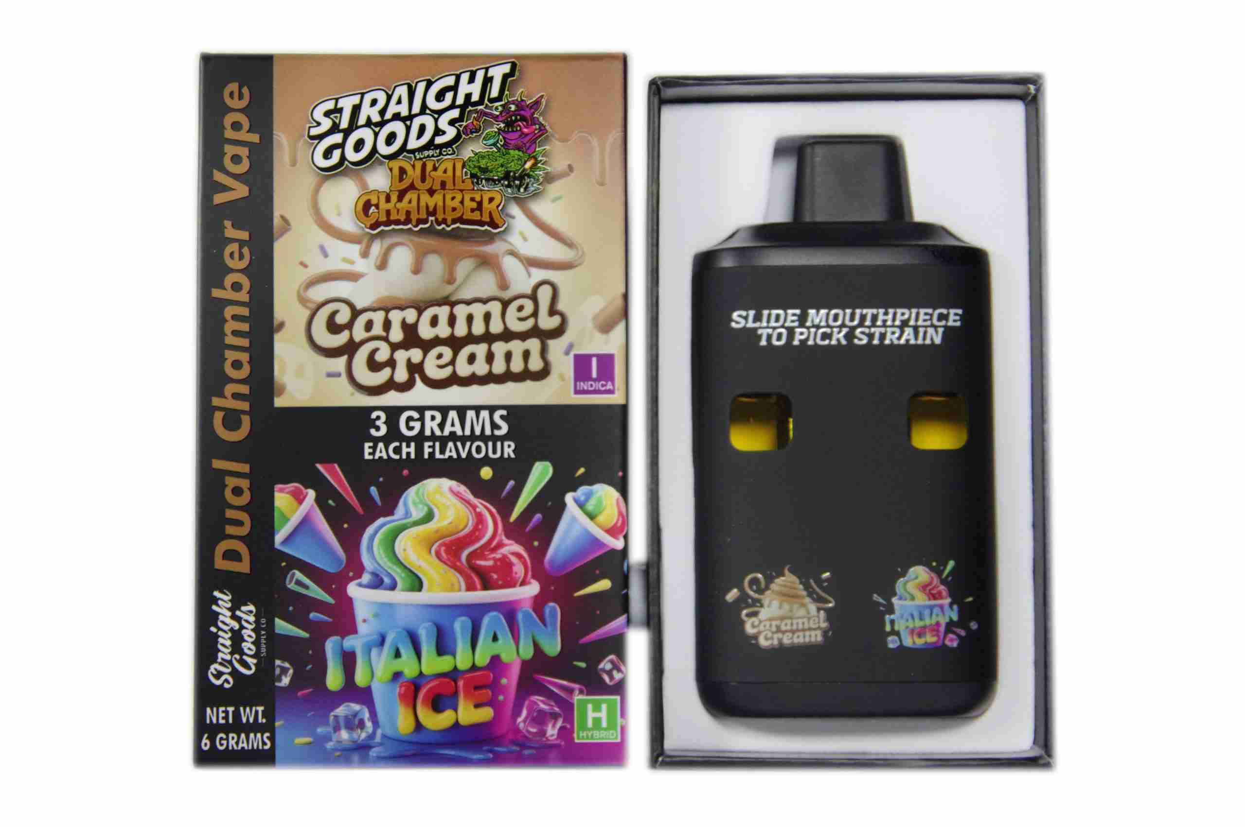 Straight Goods – Dual Chamber Vape – Caramel Cream + Italian Ice (3 Grams + 3 Grams) - Image 1