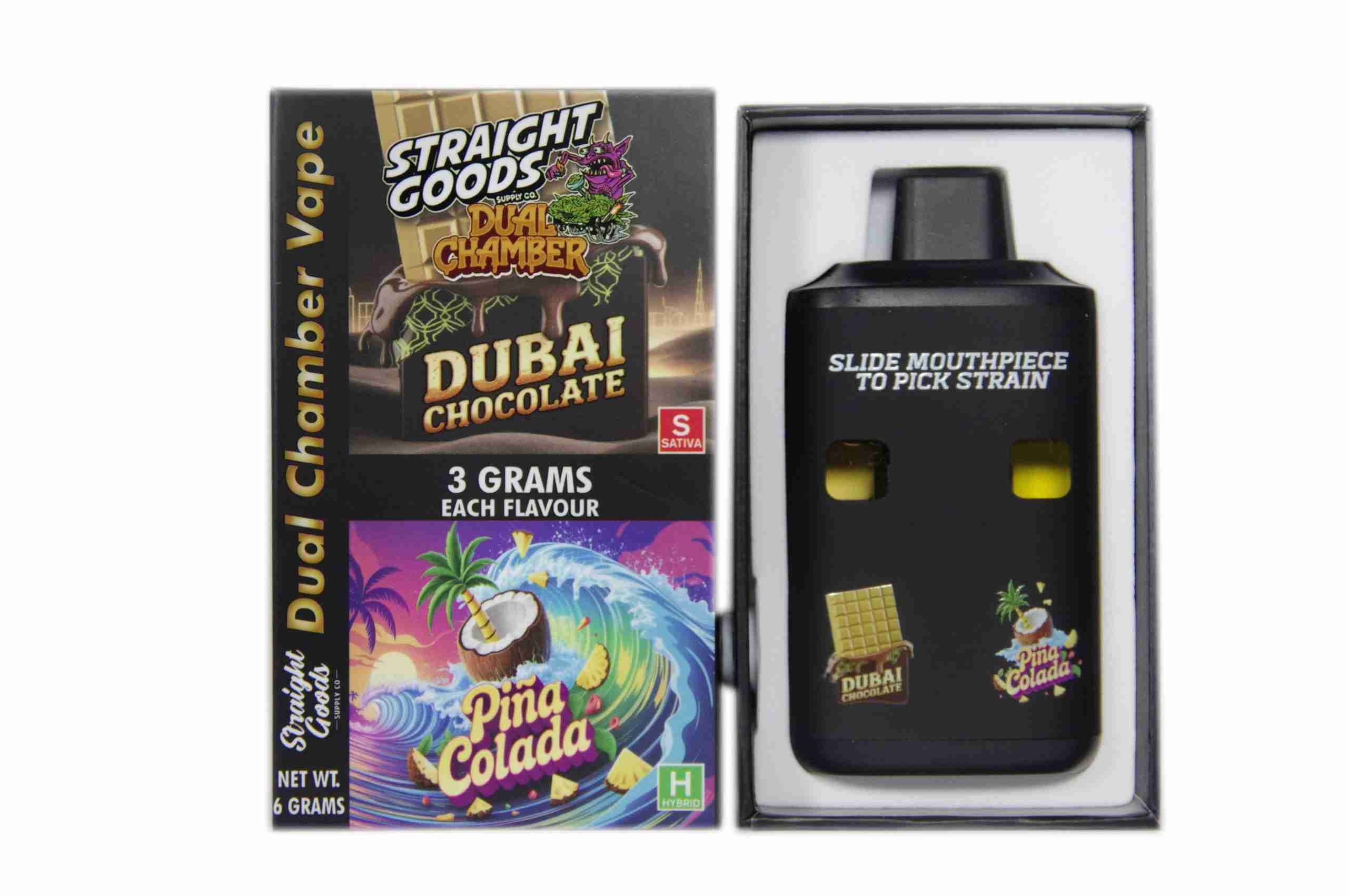 Straight Goods – Dual Chamber Vape – Dubai Chocolate + Pina Colada (3 Grams + 3 Grams) - Image 1