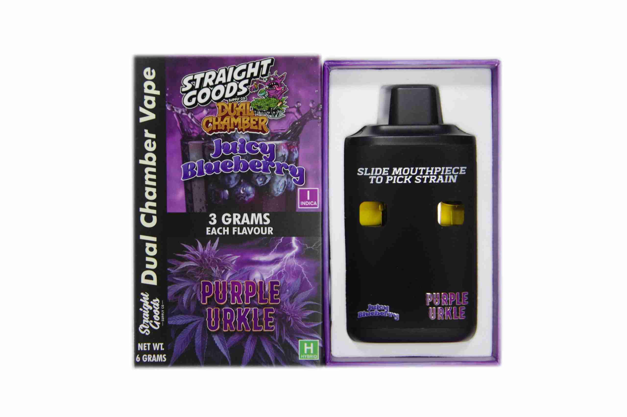 Straight Goods – Dual Chamber Vape – Juicy Blueberry x Purple Urkle (3 Grams + 3 Grams) - Image 1
