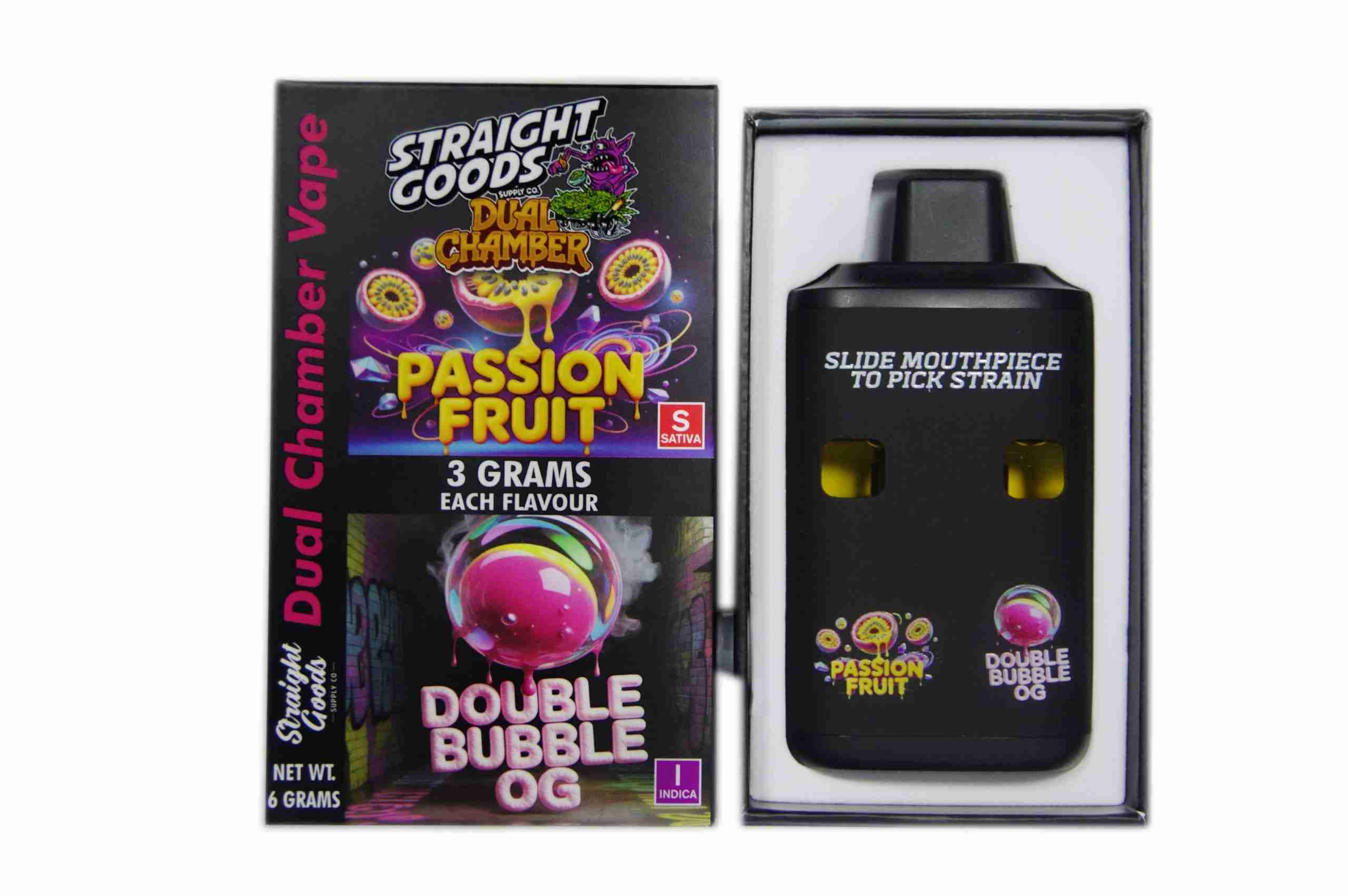 Straight Goods – Dual Chamber Vape – Passion Fruit + Double Bubble OG (3 Grams + 3 Grams) - Image 1