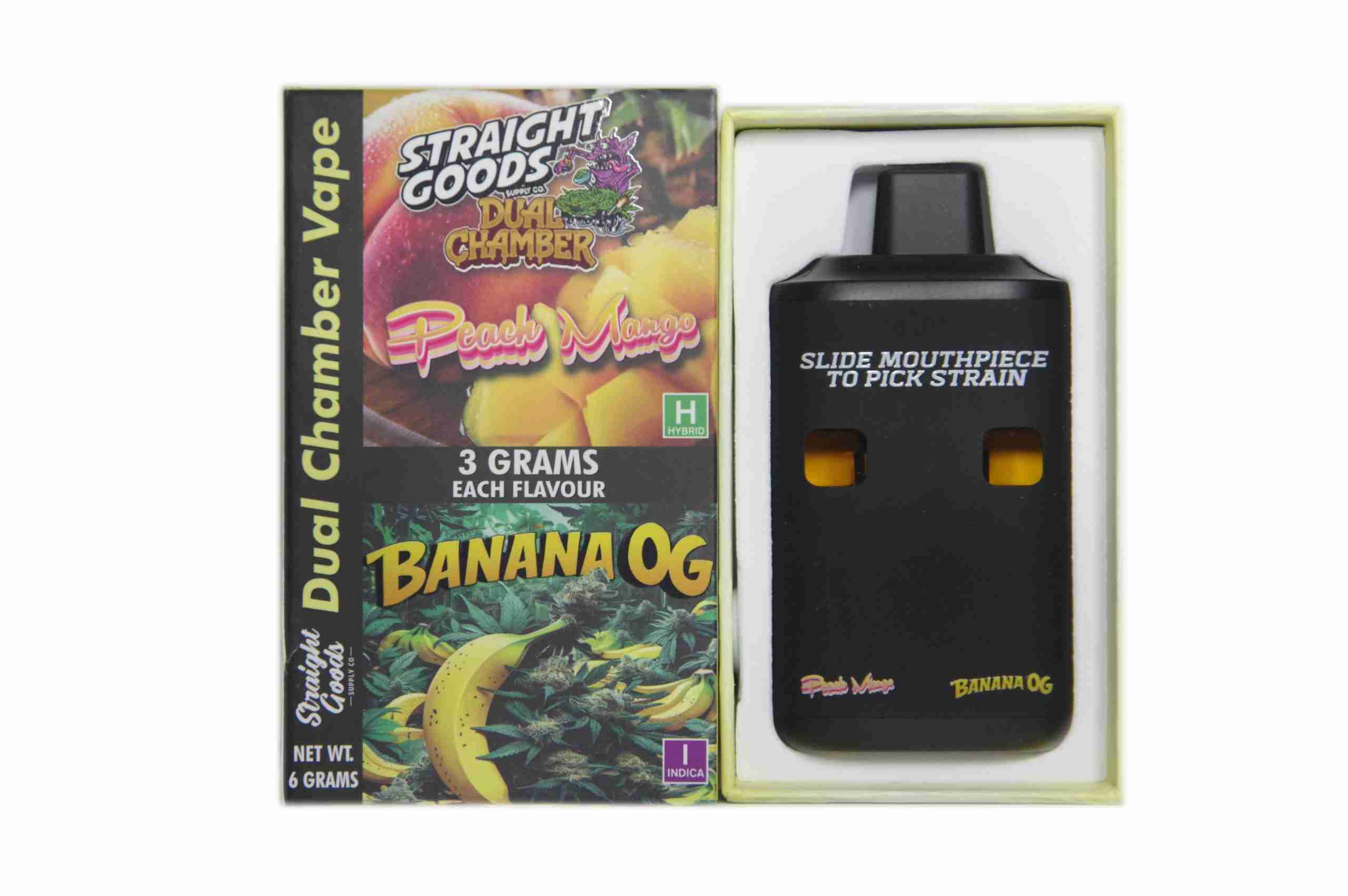 Straight Goods – Dual Chamber Vape – Peach Mango + Banana OG (3 Grams + 3 Grams) - Image 1