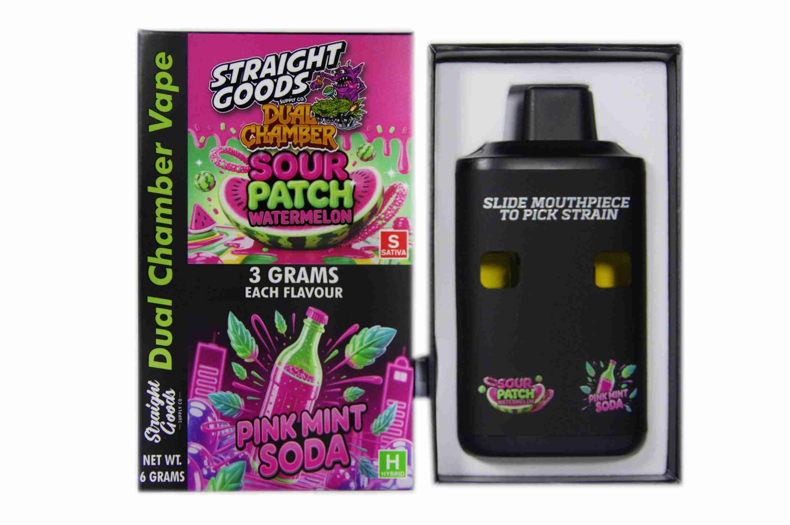 Straight Goods – Dual Chamber Vape – Sour Patch Watermelon + Pink Mint Soda (3 Grams + 3 Grams) - Image 1