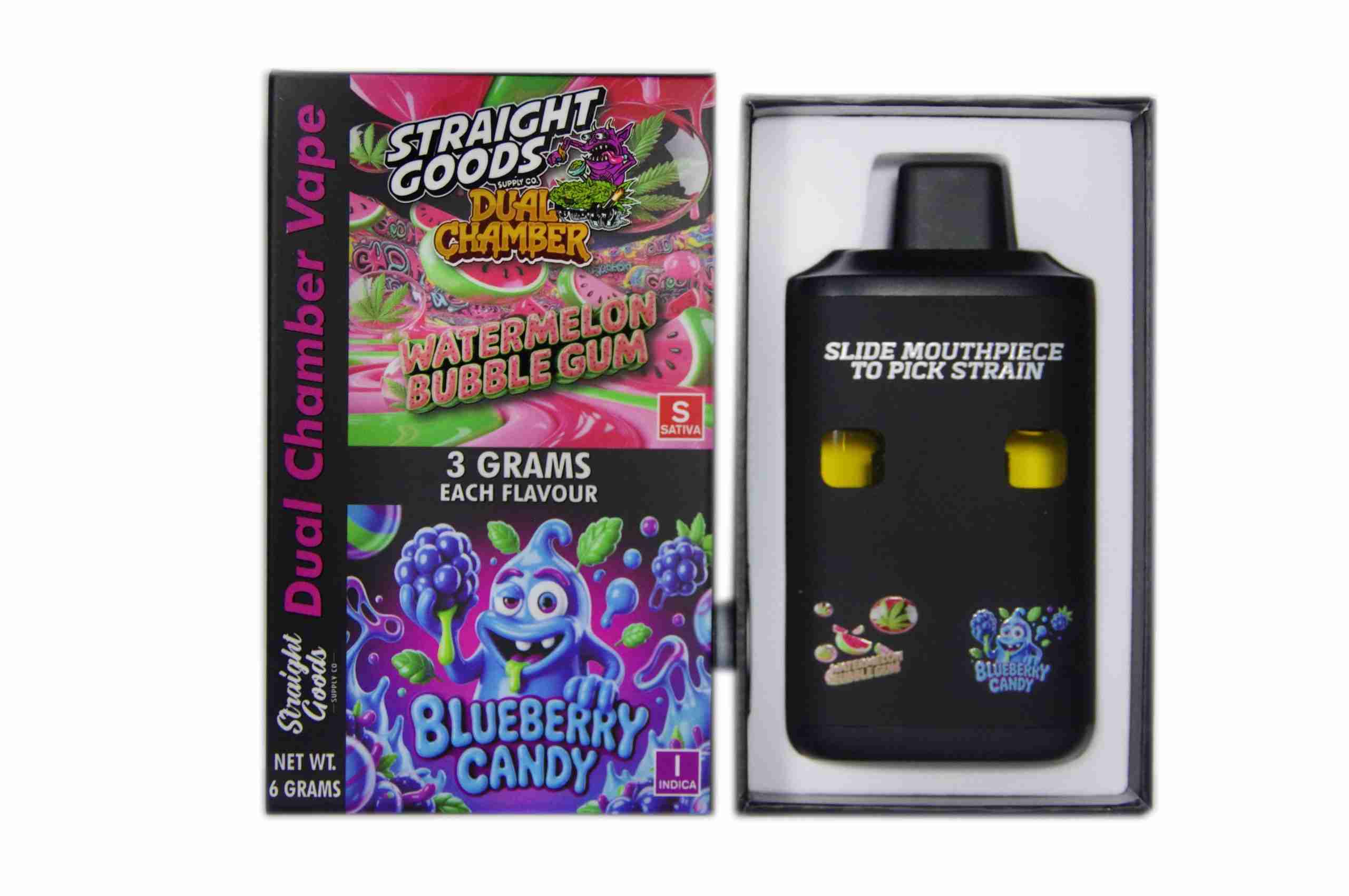 Straight Goods – Dual Chamber Vape – Watermelon Bubblegum + Blueberry Candy (3 Grams + 3 Grams) - Image 1